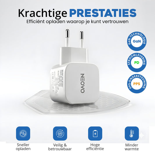 NEOVO USB-C Oplader 30W – iPhone Oplader & Samsung Oplader – GaN Snellader met USB-C Kabel – Voor Smartphone & Tablet – Wit