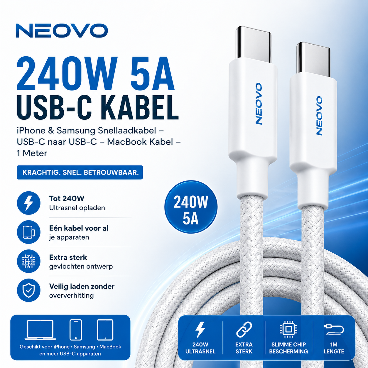 NEOVO 65W USB-C Snellader met 240W USB-C Kabel – iPhone 17/16/15 Oplader – Samsung S26/S25/S24 Snellader – USB-C Oplader voor MacBook, iPad & Laptop