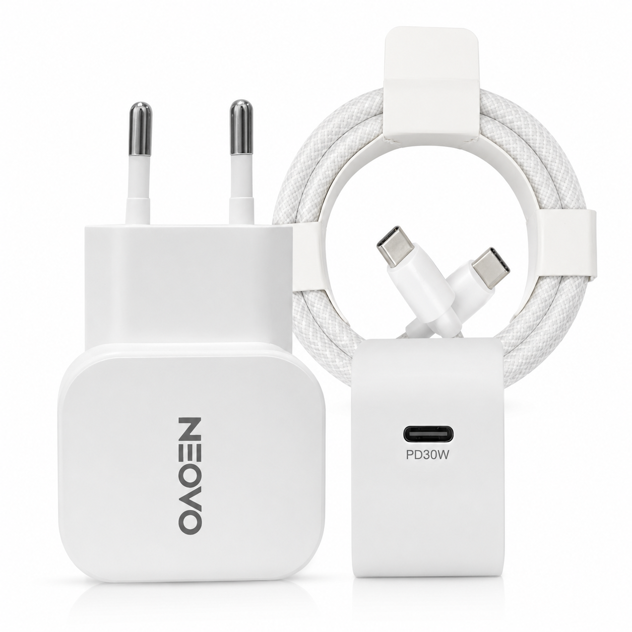 NEOVO 30W USB-C Snellader met 240W USB-C Kabel – iPhone 17/16/15 Oplader – Samsung S26/S25/S24
