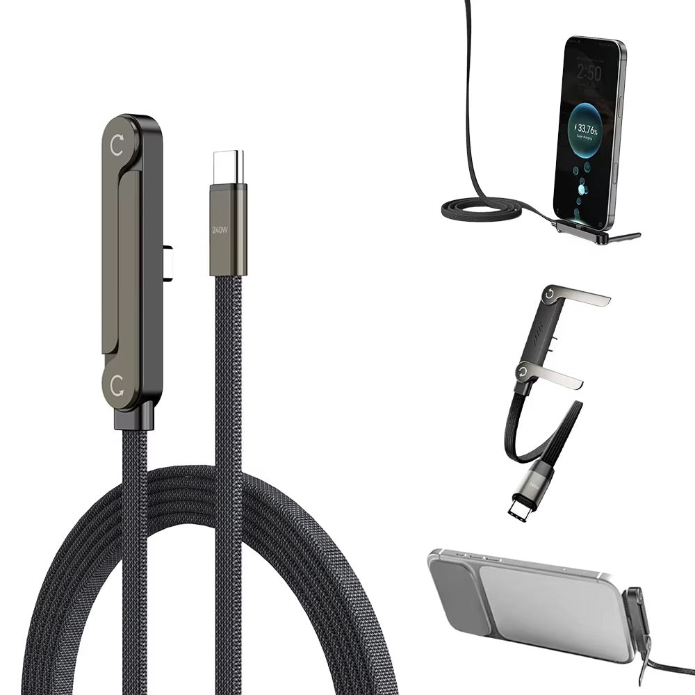 NEOVO Oplaadkabel 240W USB-C 1,5 m - 360° Draaibare & Opvouwbare Telefoonstandaard - 90° Gaming Connector - PD Snelladen Gevlochten