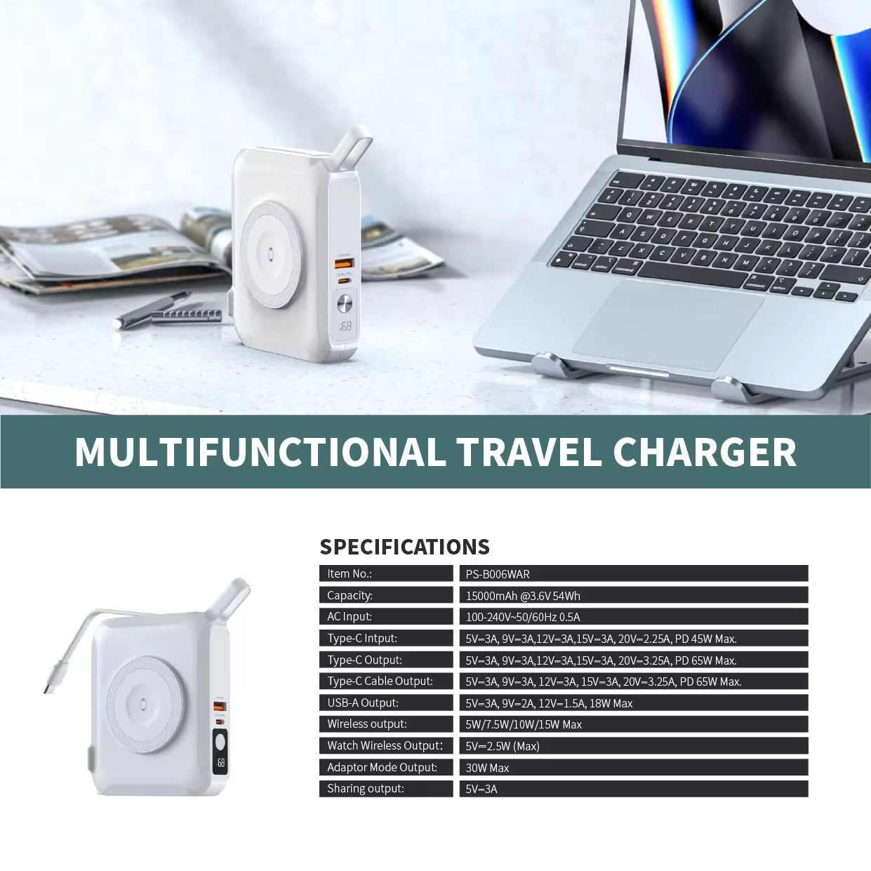 NEOVO MagSafe Powerbank 15.000mAh - 6-in-1 Universele Reisadapter - 65W USB-C Snellader - 15W Draadloze Oplader - Wereldstekker met US/EU/UK/AU