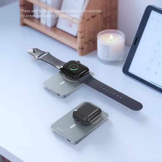NEOVO MagSafe powerbank 3-in-1 - 5000mAh – Magnetische Draadloze Powerbank – 20W Snellader – Voor iPhone & Android – Apple Watch & AirPods - Grijs
