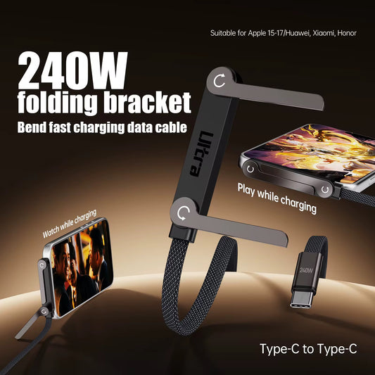 NEOVO Oplaadkabel 240W USB-C 1,5 m - 360° Draaibare & Opvouwbare Telefoonstandaard - 90° Gaming Connector - PD Snelladen Gevlochten