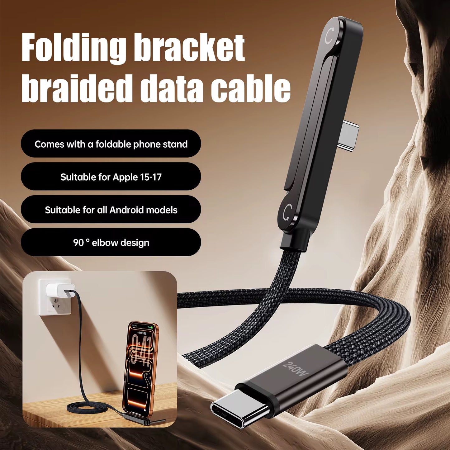 NEOVO Oplaadkabel 240W USB-C 1,5 m - 360° Draaibare & Opvouwbare Telefoonstandaard - 90° Gaming Connector - PD Snelladen Gevlochten