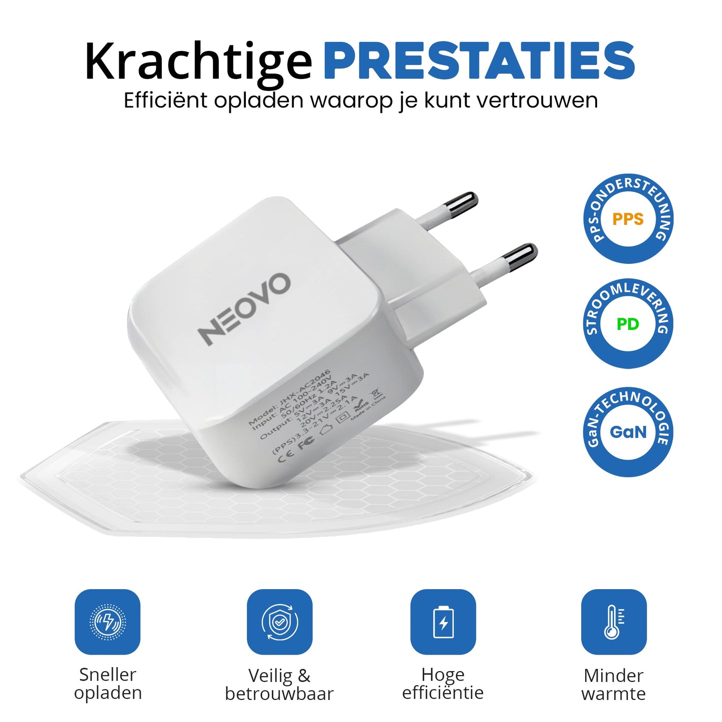 NEOVO 45W GaN USB-C Snellader + 240W USB-C Kabel – iPhone / Samsung / iPad Oplader – Snel reislader