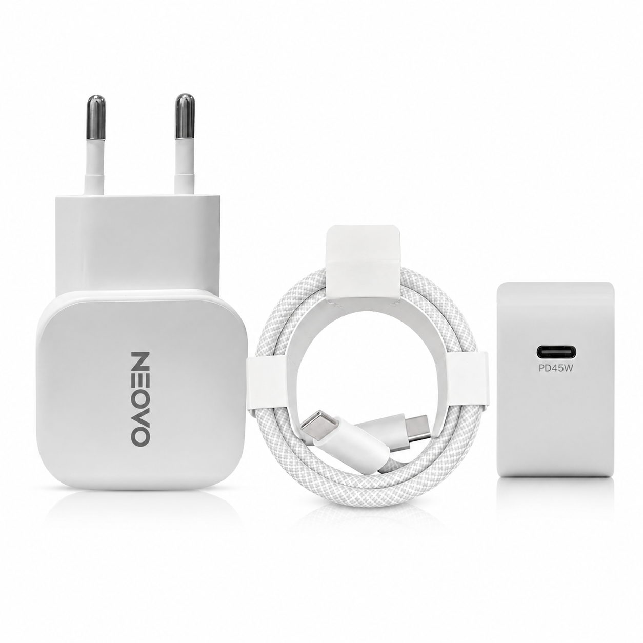 NEOVO 45W GaN USB-C Snellader + 240W USB-C Kabel – iPhone / Samsung / iPad Oplader – Snel reislader