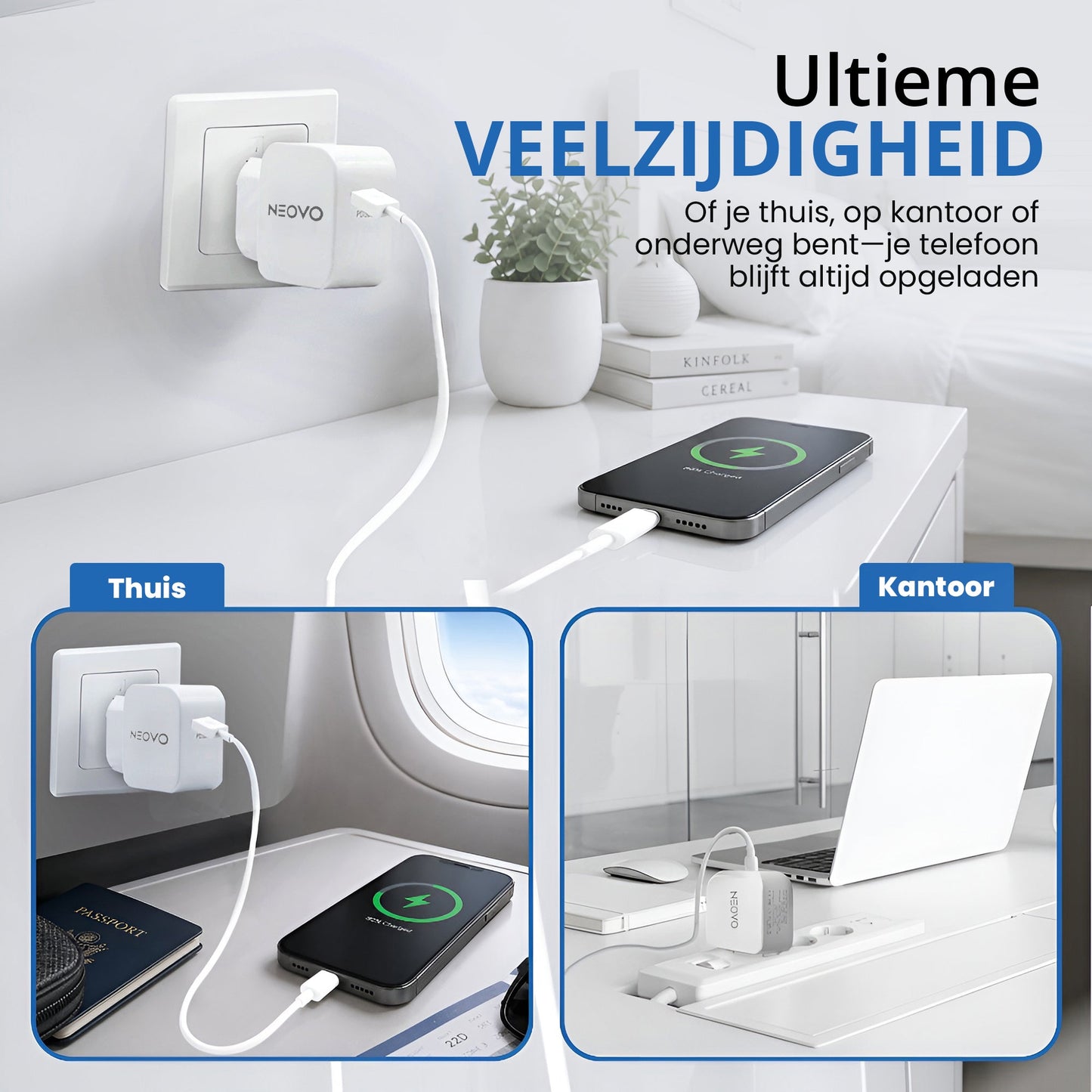 NEOVO 45W USB-C Snellader – Samsung S26/ S25/ S24 Oplader – iPhone 17/ 16/ 15 Snellader – Wit